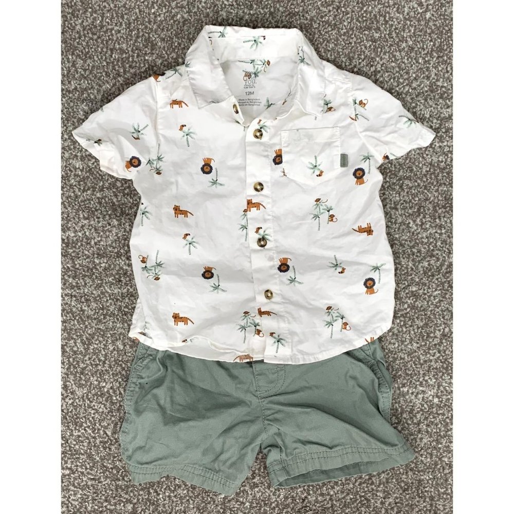 Carters White Green Boys Button Up Shorts 2 Piece Baby Outfit Size 12M